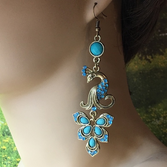 Peacock Earrings Blue And Bronze - Picture 2 of 8